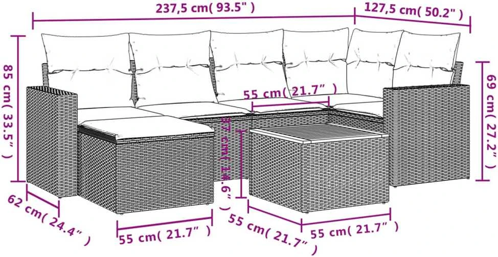 Lauko baldų komplektas Sofos komplektas su pagalvėlėmis, 7 dalių, pilkas, poliratanas