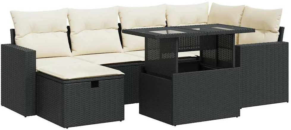 Lauko baldų komplektas Sofos komplektas su pagalvėlėmis, 7 dalių, juodas, poliratanas