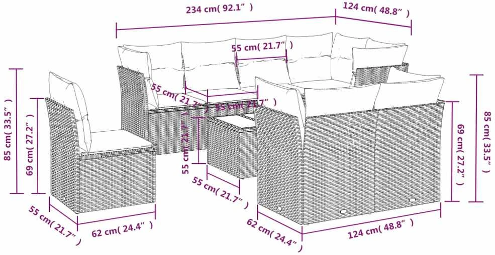 Sofa Sofos komplektas su pagalvėlėmis, 9 dalių, pilkas, poliratanas