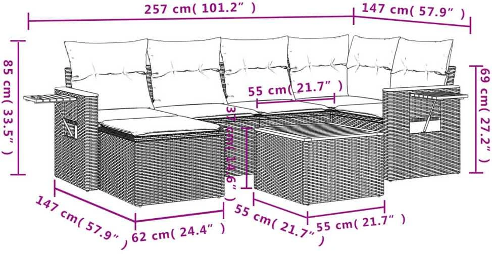 Lauko baldų komplektas Sofos komplektas su pagalvėlėmis, 7 dalių, juodas, poliratanas