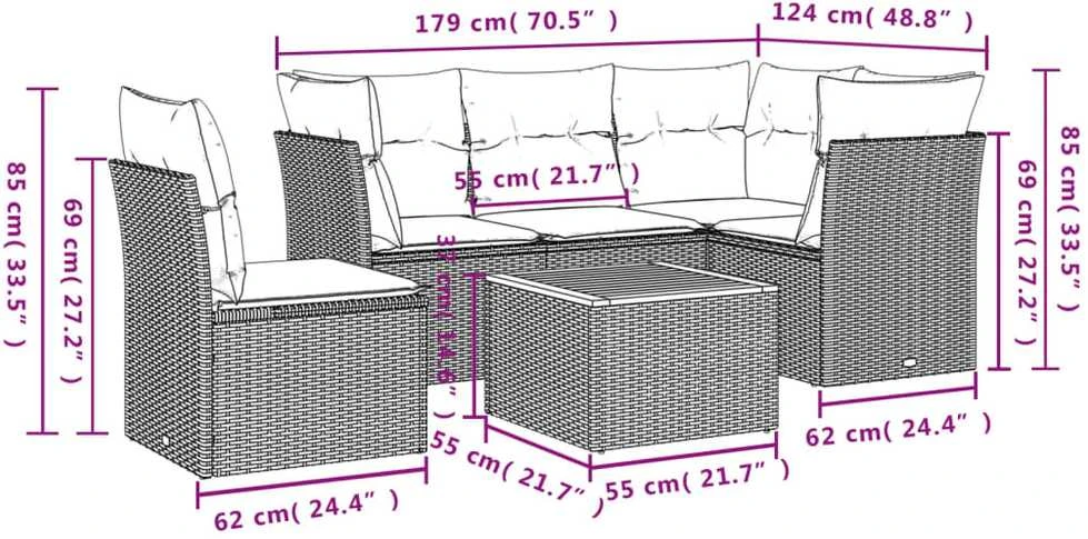 Lauko baldų komplektas Sofos komplektas su pagalvėlėmis, 6 dalių, pilkas, poliratanas