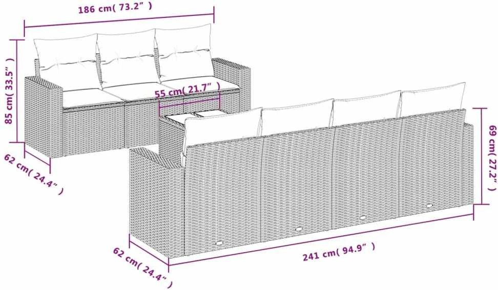 Lauko baldų komplektas Sofos komplektas su pagalvėlėmis, 8 dalių, juodas, poliratanas