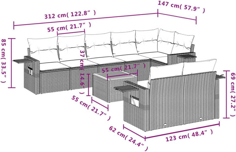 Sofa Sofos komplektas su pagalvėlėmis, 9 dalių, smėlio, poliratanas
