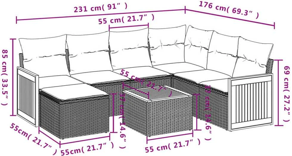Sofa Sofos komplektas su pagalvėlėmis, 8 dalių, juodas, poliratanas