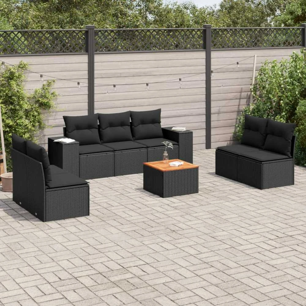Sofa Sofos komplektas su pagalvėlėmis, 8 dalių, juodas, poliratanas