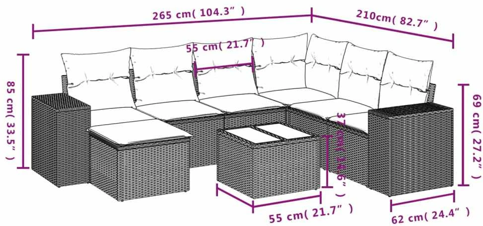 Sofa Sofos komplektas su pagalvėlėmis, 8 dalių, juodas, poliratanas