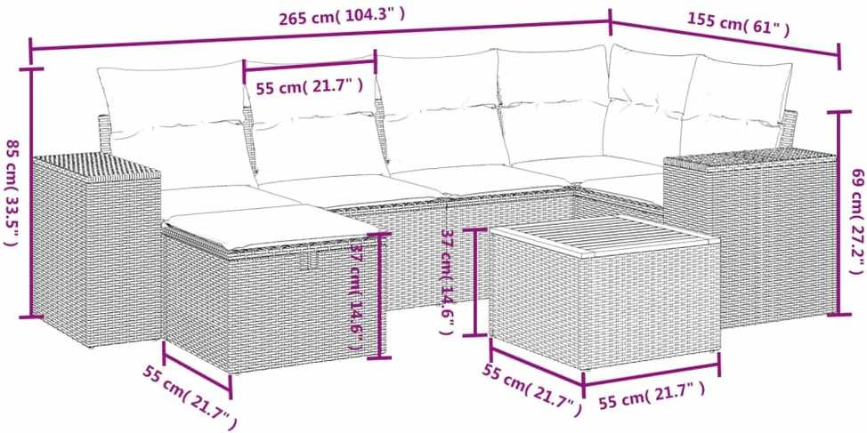Sofa Sofos komplektas su pagalvėlėmis, 7 dalių, juodas, poliratanas