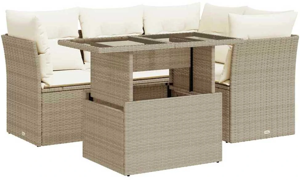 Sofos komplektas su pagalvėlėmis, 5 dalių, smėlio, poliratanas