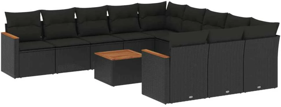 Lauko baldų komplektas Sofos komplektas su pagalvėlėmis, 12 dalių, juodas, poliratanas