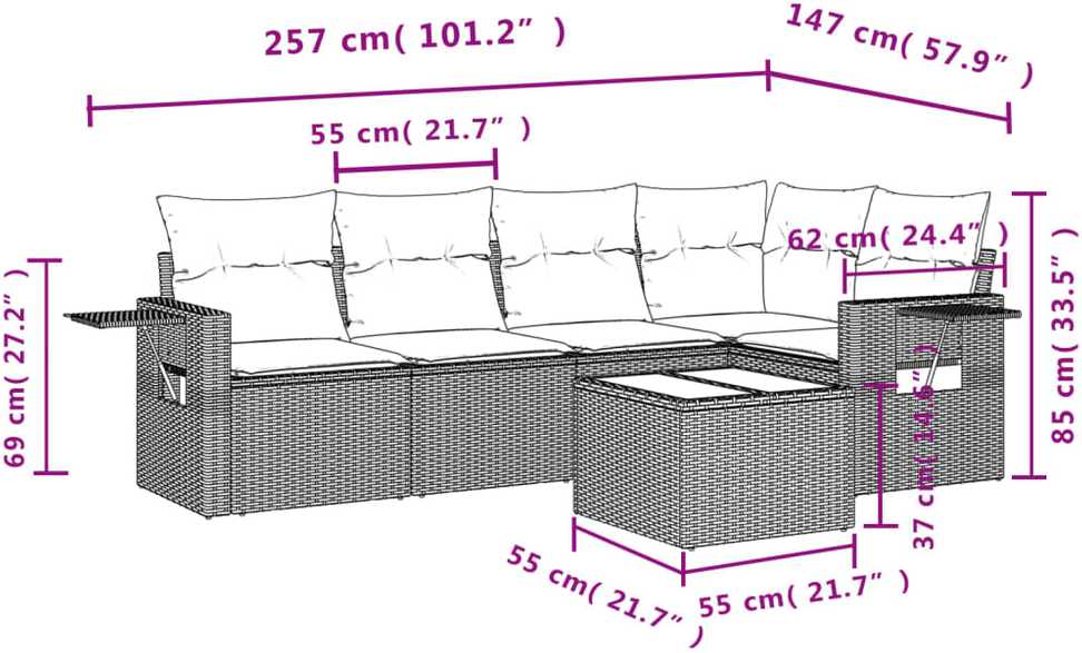 Sofa Sofos komplektas su pagalvėlėmis, 6 dalių, smėlio, poliratanas