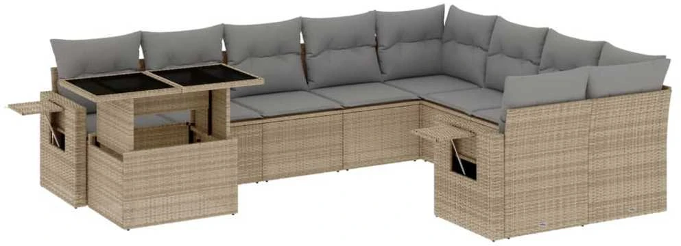 Lauko baldų komplektas Sofos komplektas su pagalvėlėmis, 10 dalių, smėlio, poliratanas