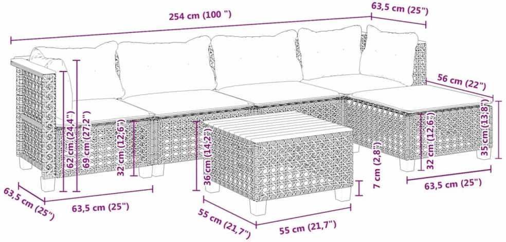 Lauko baldų komplektas Sofos komplektas su pagalvėlėmis, 6 dalių, juodas, poliratanas