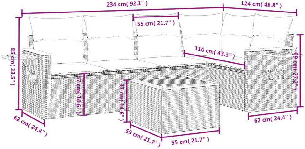 Sofa Sofos komplektas su pagalvėlėmis, 6 dalių, smėlio, poliratanas