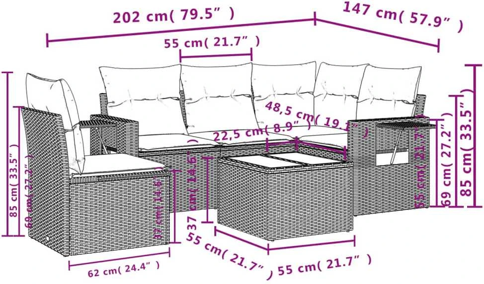 Sofa Sofos komplektas su pagalvėlėmis, 6 dalių, pilkas, poliratanas