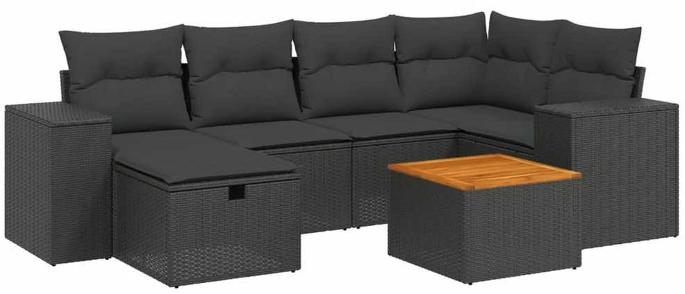 Sofa Sofos komplektas su pagalvėlėmis, 7 dalių, juodas, poliratanas