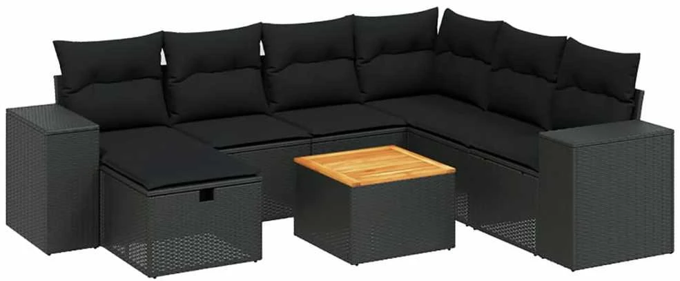 Sofa Sofos komplektas su pagalvėlėmis, 8 dalių, juodas, poliratanas