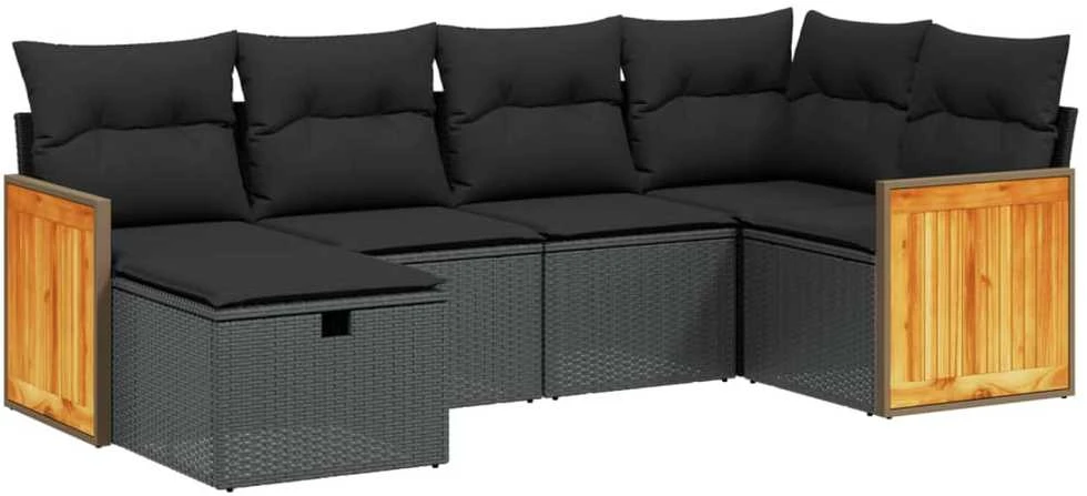 Lauko baldų komplektas Sofos komplektas su pagalvėlėmis, 6 dalių, juodas, poliratanas