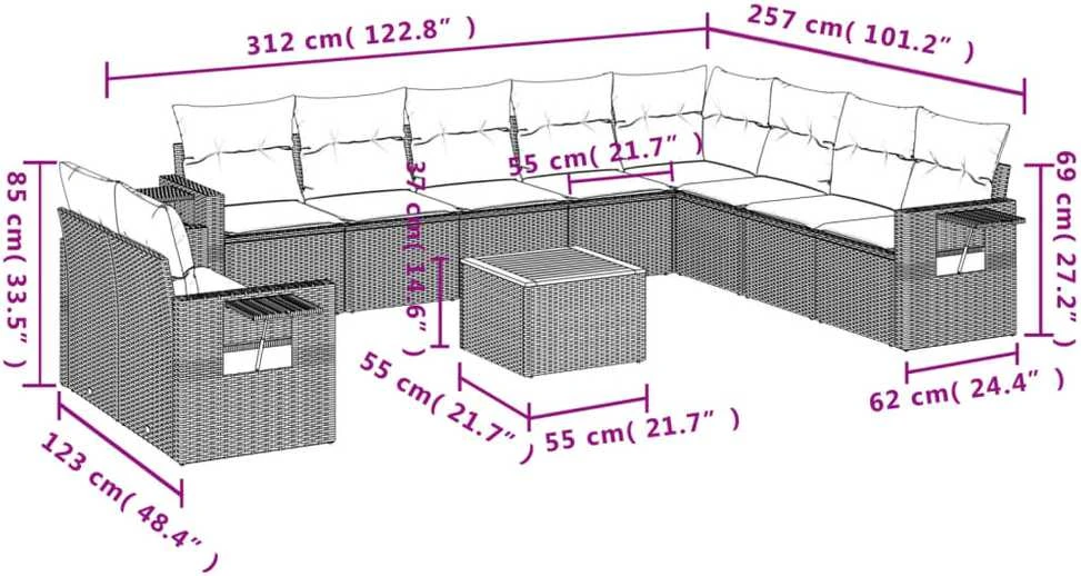 Sofa Sofos komplektas su pagalvėlėmis, 11 dalių, smėlio, poliratanas