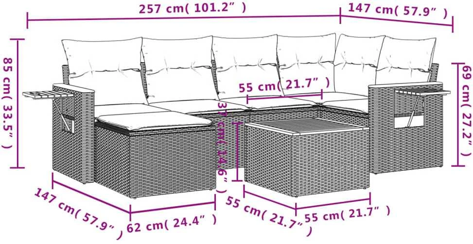 Lauko baldų komplektas Sofos komplektas su pagalvėlėmis, 7 dalių, pilkas, poliratanas