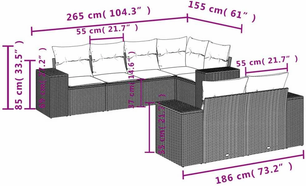 Lauko baldų komplektas Sofos komplektas su pagalvėlėmis, 7 dalių, juodas, poliratanas