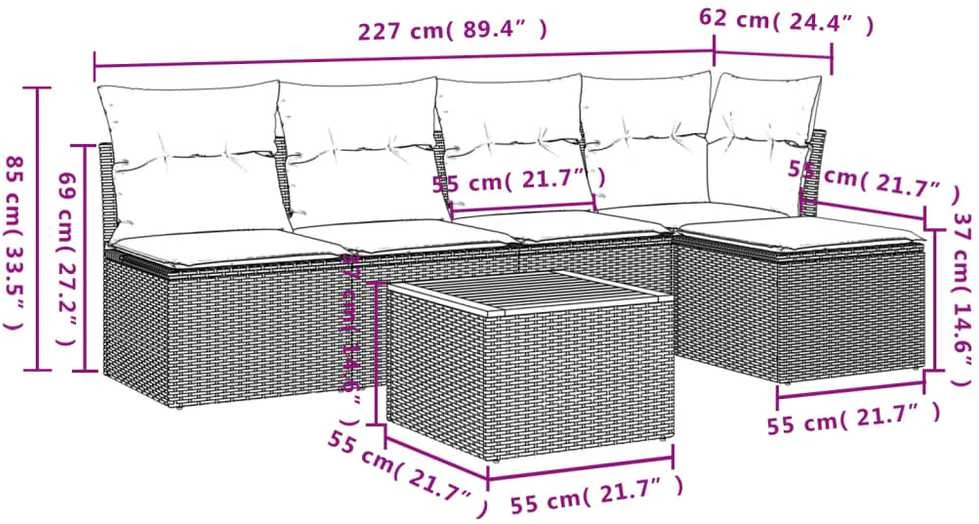 Sofa Sofos komplektas su pagalvėlėmis, 6 dalių, smėlio, poliratanas