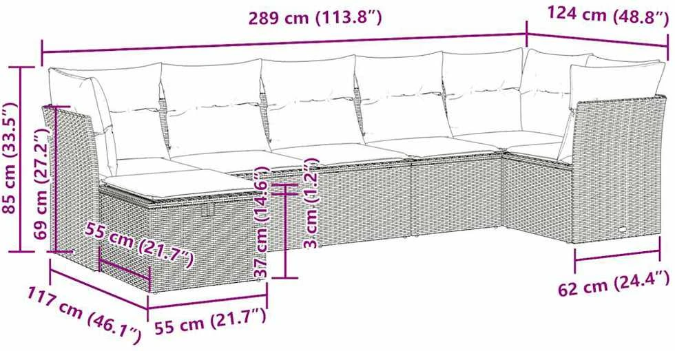 Lauko baldų komplektas Sofos komplektas su pagalvėlėmis, 7 dalių, juodas, poliratanas