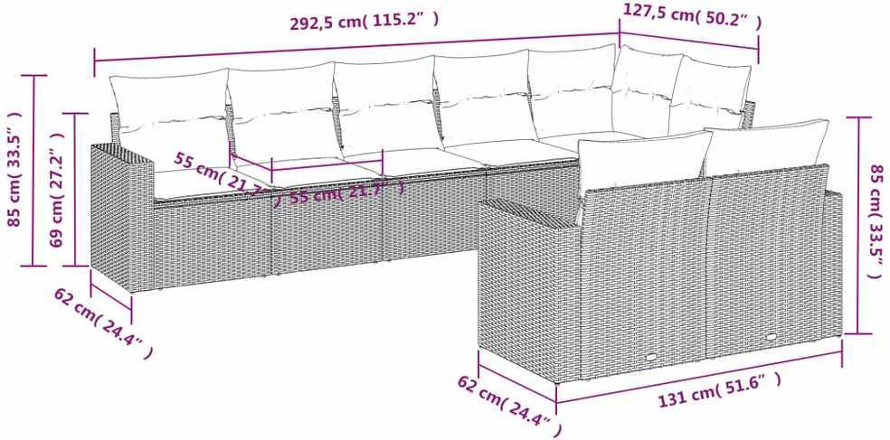 Lauko baldų komplektas Sofos komplektas su pagalvėlėmis, 8 dalių, juodas, poliratanas