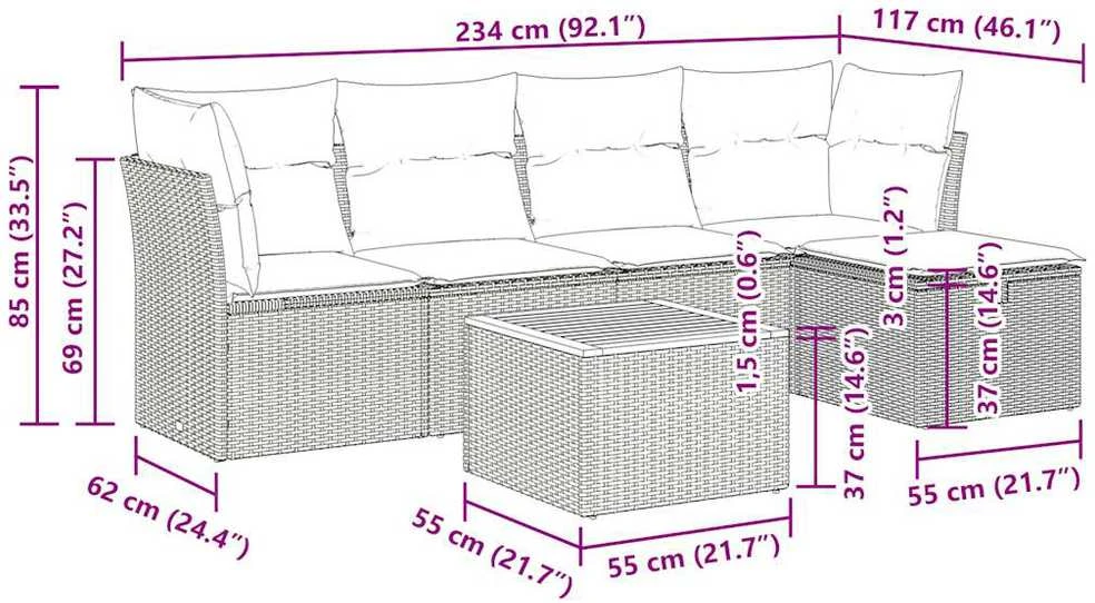 Lauko baldų komplektas Sofos komplektas su pagalvėlėmis, 6 dalių, pilkas, poliratanas