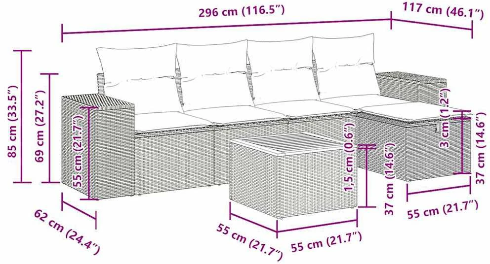 Lauko baldų komplektas Sofos komplektas su pagalvėlėmis, 6 dalių, pilkas, poliratanas