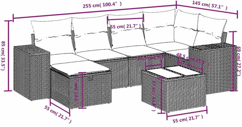Sofa Sofos komplektas su pagalvėlėmis, 7 dalių, juodas, poliratanas