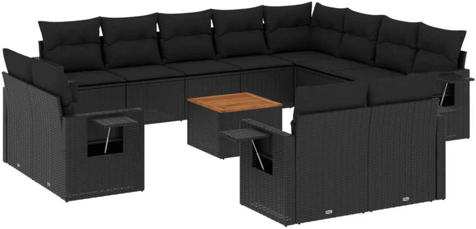 Sofa Sofos komplektas su pagalvėlėmis, 13 dalių, juodas, poliratanas