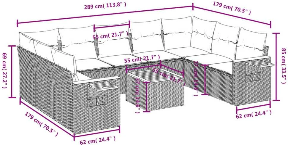 Sofa Sofos komplektas su pagalvėlėmis, 10 dalių, smėlio, poliratanas