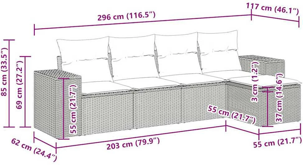 Lauko baldų komplektas Sofos komplektas su pagalvėlėmis, 5 dalių, pilkas, poliratanas