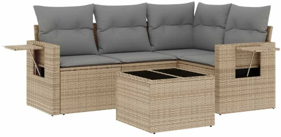 Sofa Sofos komplektas su pagalvėlėmis, 5 dalių, smėlio, poliratanas