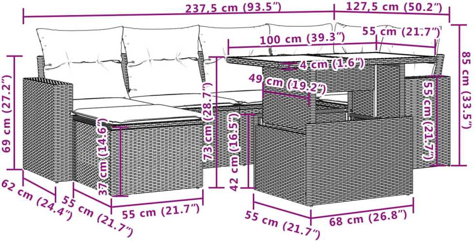 Sofa Sofos komplektas su pagalvėlėmis, 7 dalių, smėlio, poliratanas
