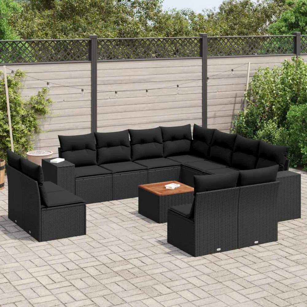 Sofa Sofos komplektas su pagalvėlėmis, 12 dalių, juodas, poliratanas