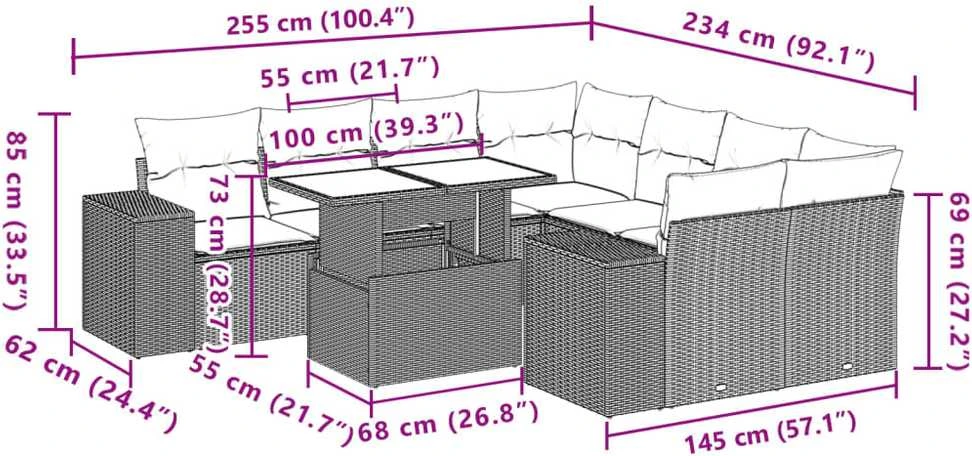 Lauko baldų komplektas Sofos komplektas su pagalvėlėmis, 9 dalių, pilkas, poliratanas