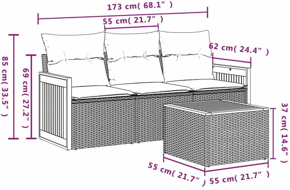 Lauko baldų komplektas Sofos komplektas su pagalvėlėmis, 4 dalių, smėlio, poliratanas