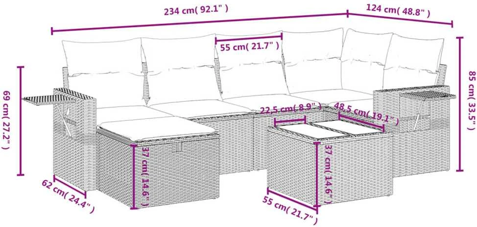 Sofa Sofos komplektas su pagalvėlėmis, 7 dalių, pilkas, poliratanas
