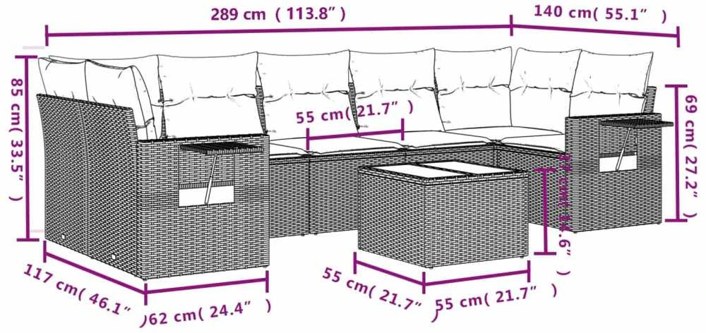 Lauko baldų komplektas Sofos komplektas su pagalvėlėmis, 8 dalių, juodas, poliratanas