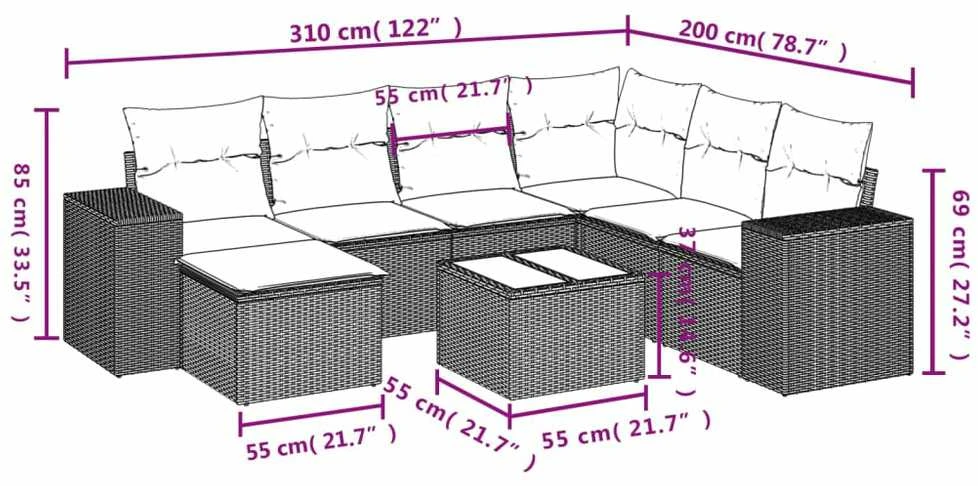 Lauko baldų komplektas Sofos komplektas su pagalvėlėmis, 8 dalių, smėlio, poliratanas
