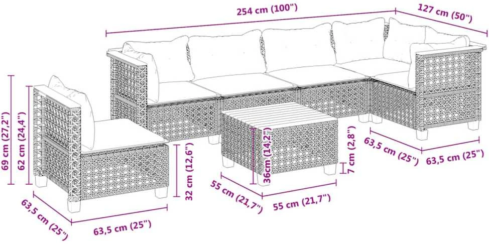 Lauko baldų komplektas Sofos komplektas su pagalvėlėmis, 7 dalių, juodas, poliratanas