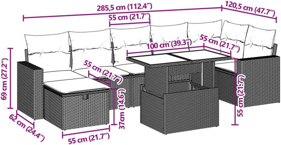 Lauko baldų komplektas Sofos komplektas su pagalvėlėmis, 8 dalių, juodas, poliratanas