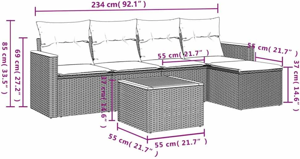 Lauko baldų komplektas Sofos komplektas su pagalvėlėmis, 6 dalių, pilkas, poliratanas
