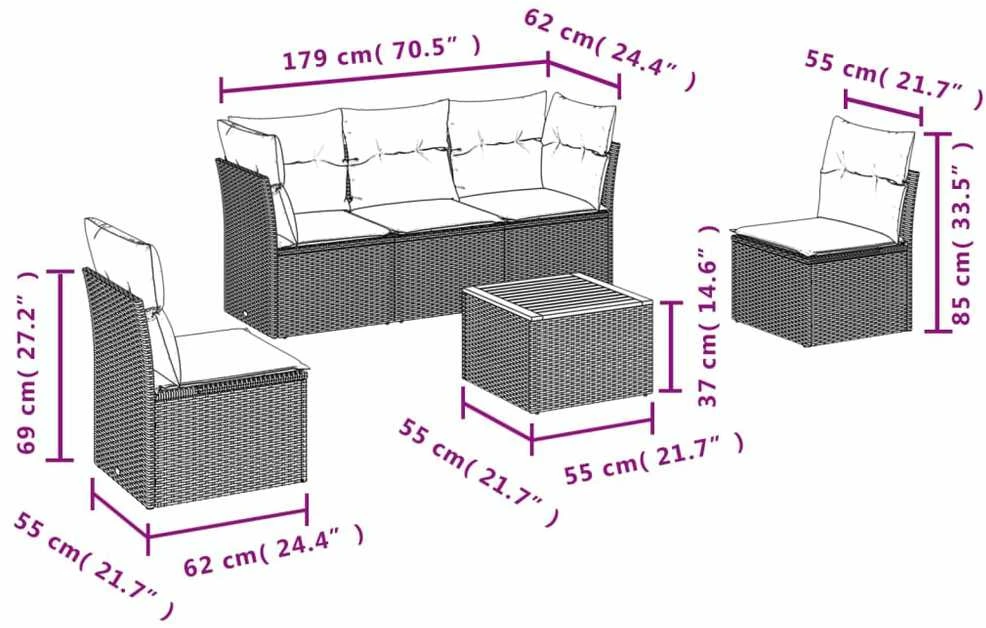 Lauko baldų komplektas Sofos komplektas su pagalvėlėmis, 6 dalių, juodas, poliratanas