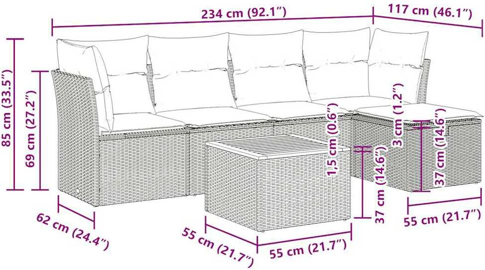 Lauko baldų komplektas Sofos komplektas su pagalvėlėmis, 6 dalių, juodas, poliratanas