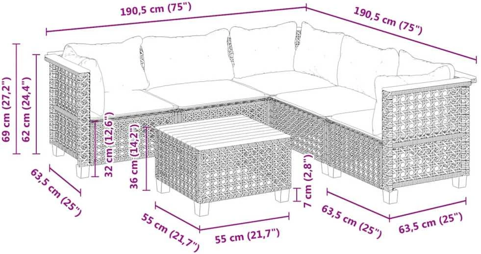 Lauko baldų komplektas Sofos komplektas su pagalvėlėmis, 6 dalių, juodas, poliratanas
