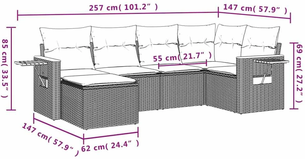Lauko baldų komplektas Sofos komplektas su pagalvėlėmis, 6 dalių, pilkas, poliratanas