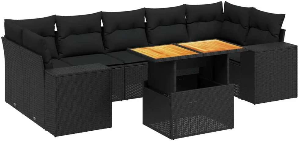 Lauko baldų komplektas Sofos komplektas su pagalvėlėmis, 8 dalių, juodas, poliratanas