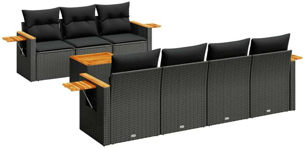 Lauko baldų komplektas Sofos komplektas su pagalvėlėmis, 8 dalių, juodas, poliratanas